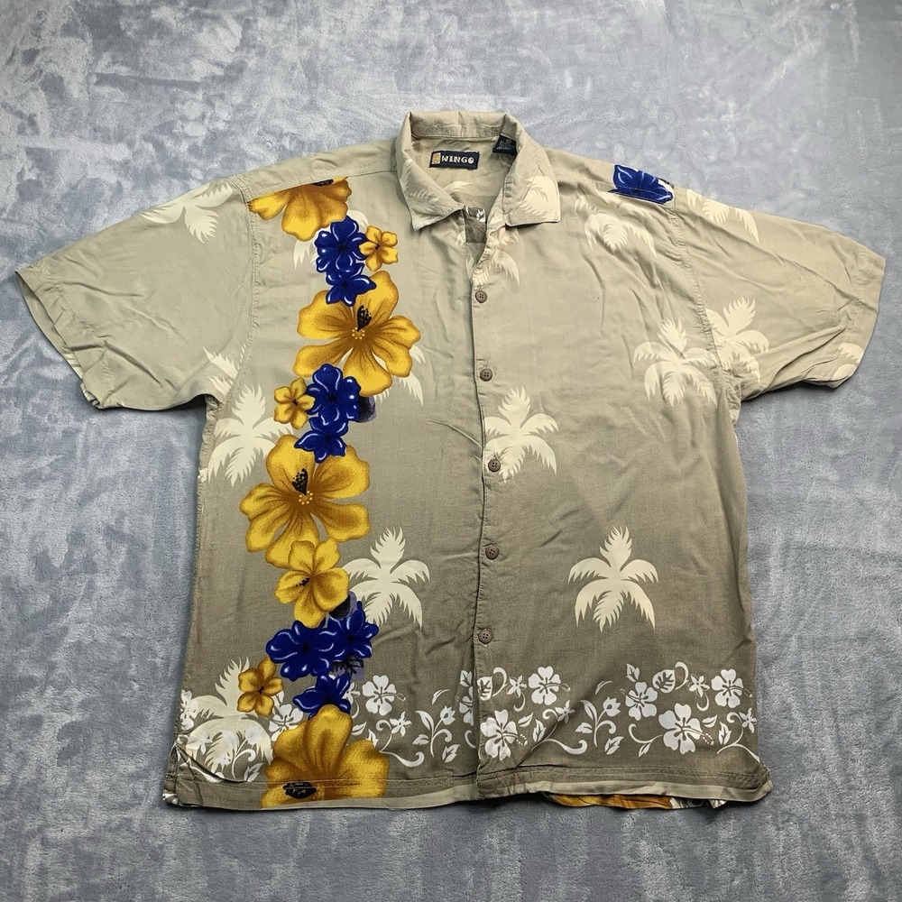 Vintage Wingo Hawaiian Aloha Rayon Beige Floral Cruise Shirt Mens Size XL